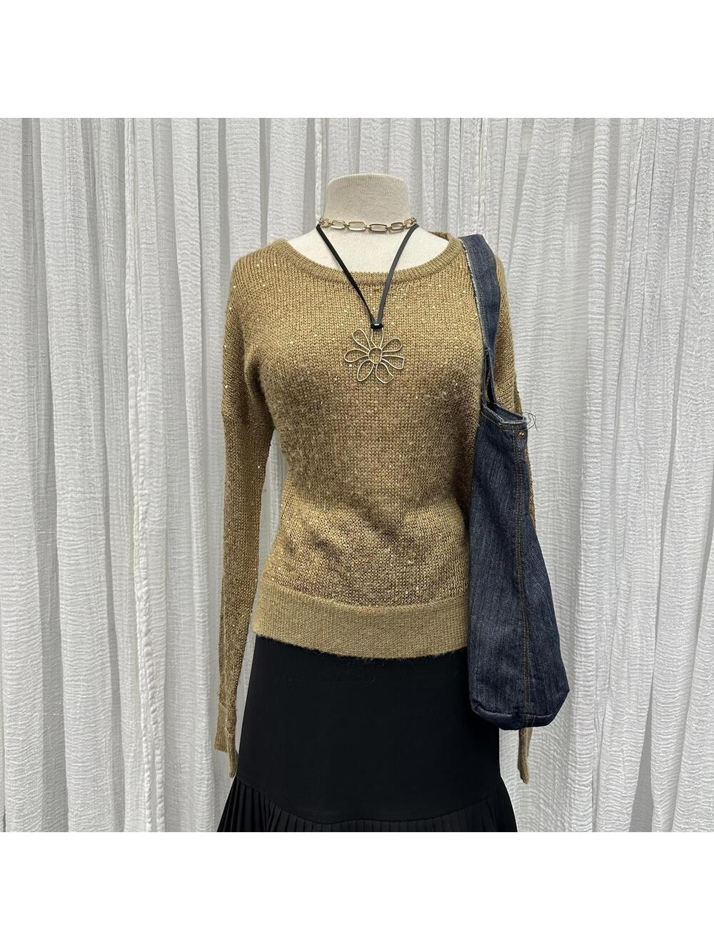 Boho Indie Preppy Glam Gold Sequin Knit Sweater (XL)